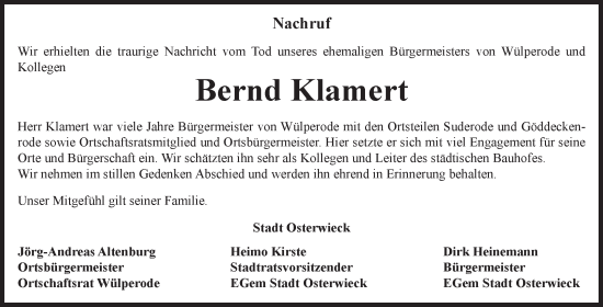 Traueranzeige von Bernd Klamert von Volksstimme Halberstadt