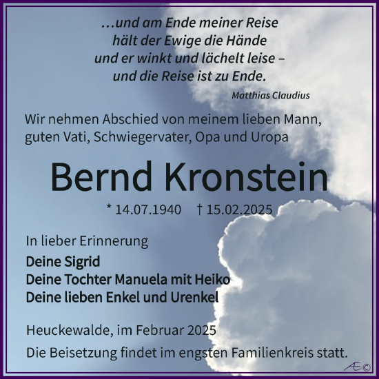 Traueranzeige von Bernd Kronstein von Trauerkombi Zeitz