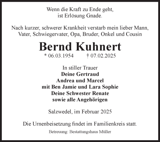 Traueranzeige von Bernd Kuhnert von Volksstimme Altmark West