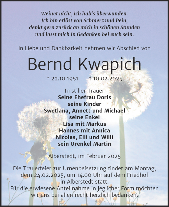 Traueranzeige von Bernd Kwapich von Trauerkombi Merseburg