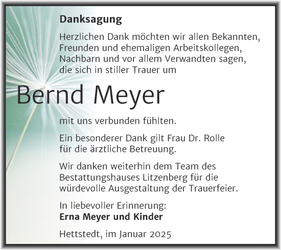 Traueranzeige von Bernd Meyer von Trauerkombi Mansfelder Land
