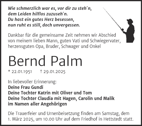 Traueranzeige von Bernd Palm von Trauerkombi Mansfelder Land