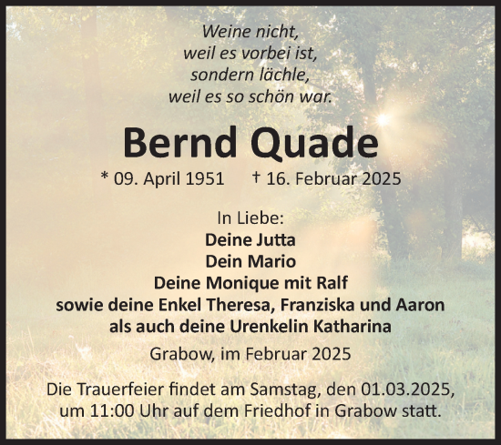 Traueranzeige von Bernd Quade von Volksstimme Burg/Genthin