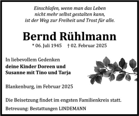 Traueranzeige von Bernd Rühlmann von Volksstimme Wernigerode