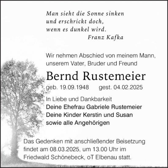 Traueranzeige von Bernd Rustemeier von Volksstimme Burg/Genthin