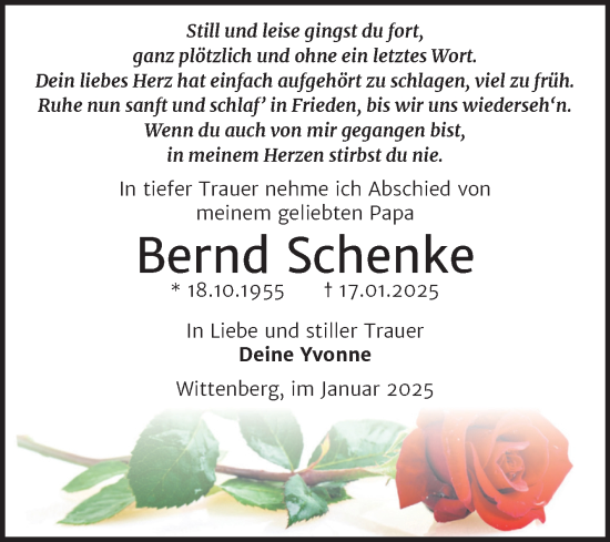 Traueranzeige von Bernd Schenke von Trauerkombi Wittenberg