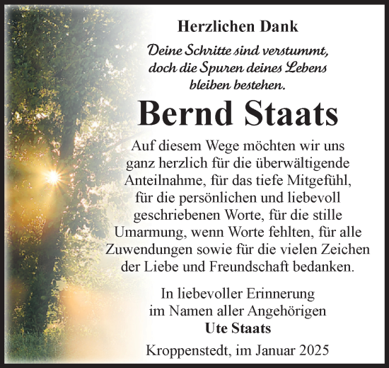 Traueranzeige von Bernd Staats von Volksstimme Oschersleben/Wanzleben