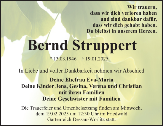Traueranzeige von Bernd Struppert von Trauerkombi Dessau