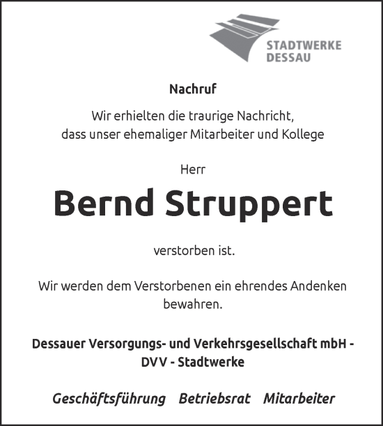 Traueranzeige von Bernd Struppert von Super Sonntag Dessau-Roßlau
