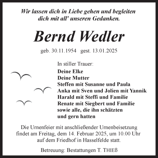 Traueranzeige von Bernd Wedler von Volksstimme Wernigerode