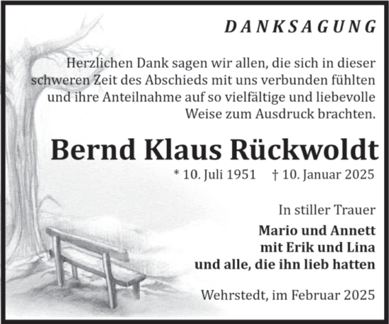 Traueranzeige von Bernd Klaus Rückwoldt von Volksstimme Halberstadt
