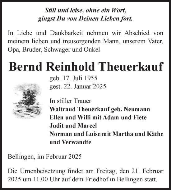 Traueranzeige von Bernd Reinhold Theuerkauf von Volksstimme Altmark Ost