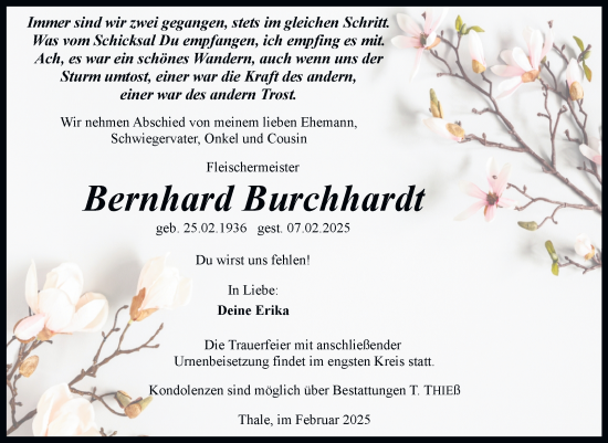 Traueranzeige von Bernhard Burchhardt von Trauerkombi Quedlinburg