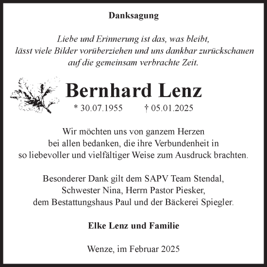Traueranzeige von Bernhard Lenz von Volksstimme Altmark West