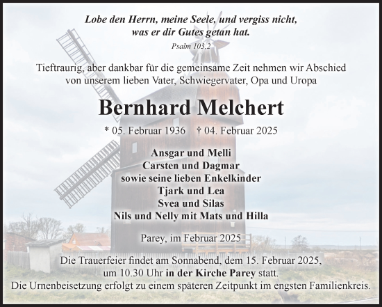 Traueranzeige von Bernhard Melchert von Volksstimme Burg/Genthin