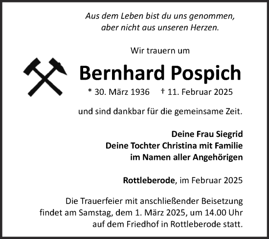 Traueranzeige von Bernhard Pospich von Super Sonntag Sangerhausen