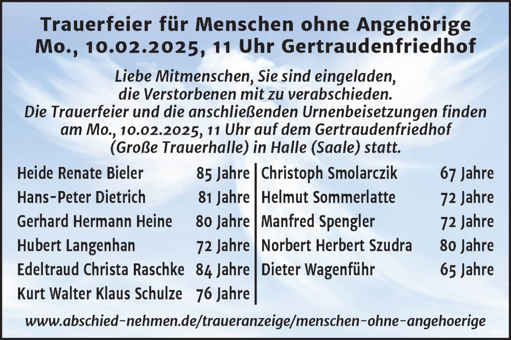  Traueranzeige für Menschen ohne Angehörige  vom 08.02.2025 aus Mitteldeutsche Zeitung Halle/Saalkreis