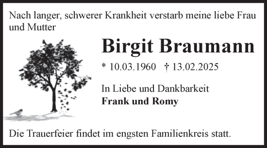 Traueranzeige von Birgit Braumann von Volksstimme Haldensleben/Wolmirstedt