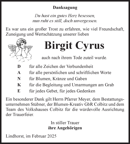 Traueranzeige von Birgit Cyrus von Volksstimme Haldensleben/Wolmirstedt