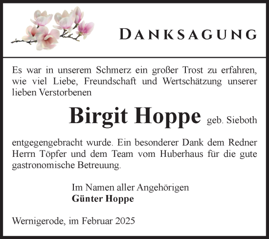 Traueranzeige von Birgit Hoppe von Volksstimme Wernigerode