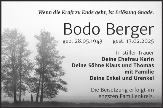 Traueranzeige von Bodo Berger von Trauerkombi Bitterfeld
