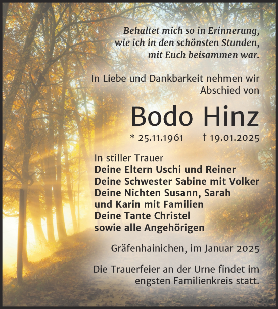 Traueranzeige von Bodo Hinz von Trauerkombi Wittenberg