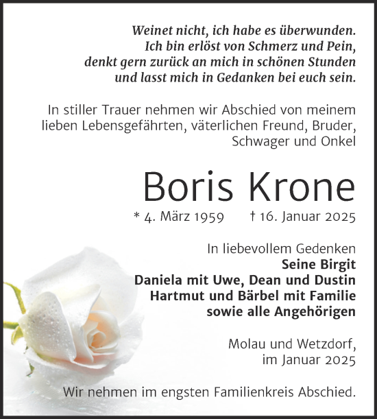 Traueranzeige von Boris Krone von Naumburger Tageblatt