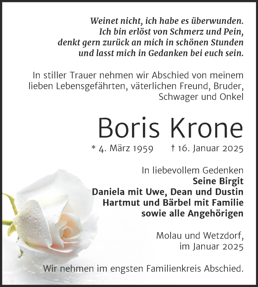  Traueranzeige für Boris Krone vom 08.02.2025 aus Naumburger Tageblatt