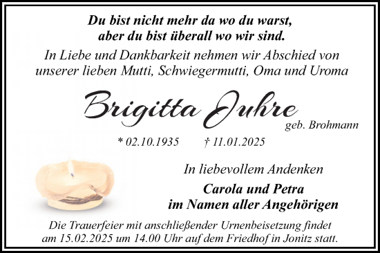 Traueranzeige von Brigitta Juhre von Trauerkombi Dessau