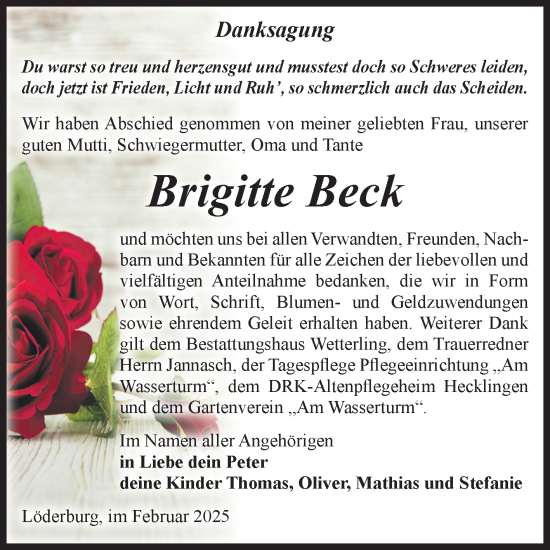 Traueranzeige von Brigitte Beck von Volksstimme Staßfurt
