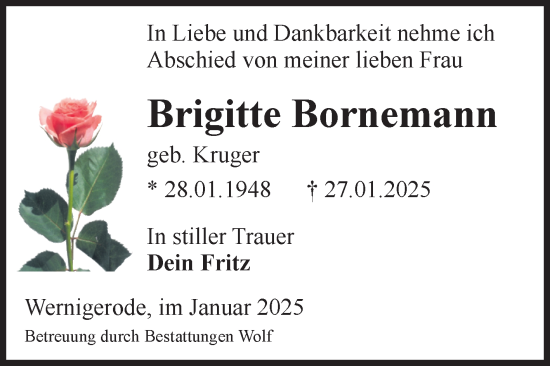 Traueranzeige von Brigitte Bornemann von Volksstimme Wernigerode