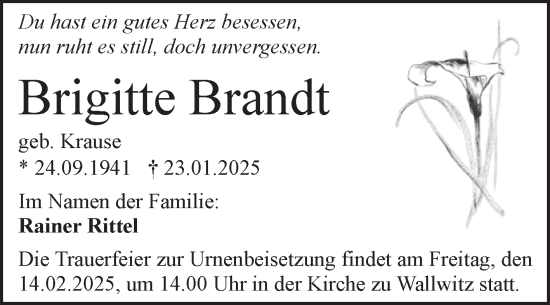 Traueranzeige von Brigitte Brandt von Trauerkombi Köthen