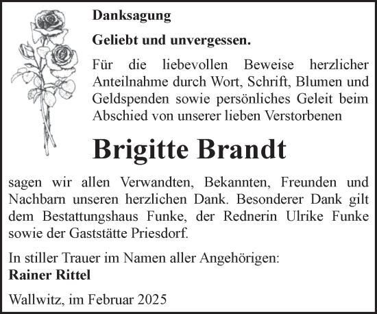 Traueranzeige von Brigitte Brandt von Trauerkombi Köthen