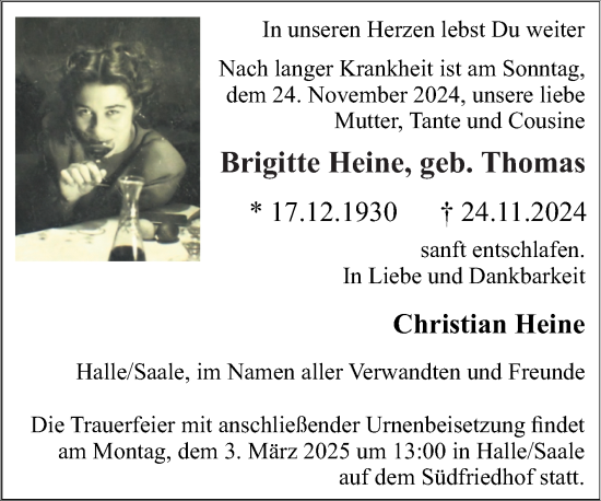 Traueranzeige von Brigitte Heine von Mitteldeutsche Zeitung Halle/Saalkreis