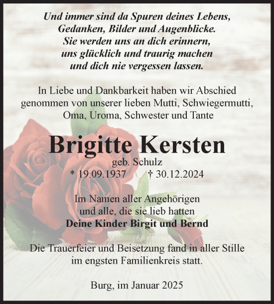 Traueranzeige von Brigitte Kersten 