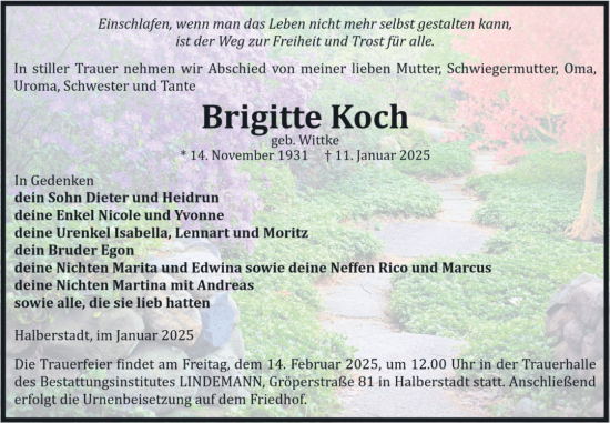 Traueranzeige von Brigitte Koch von Volksstimme Halberstadt