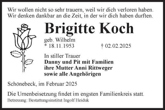 Traueranzeige von Brigitte Koch von Volksstimme Schönebeck