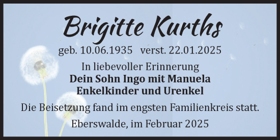 Traueranzeige von Brigitte Kurths von Volksstimme Magdeburg