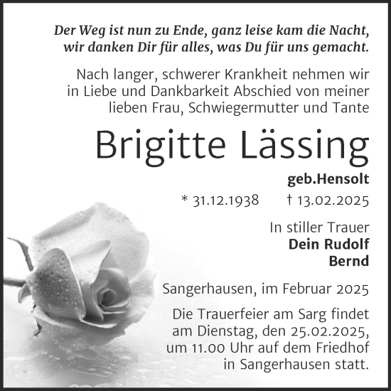 Traueranzeige von Brigitte Lässing von Trauerkombi Sangerhausen