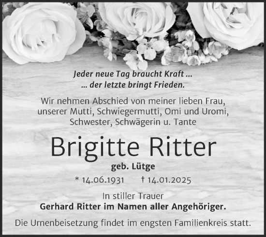 Traueranzeige von Brigitte Ritter von Trauerkombi Quedlinburg