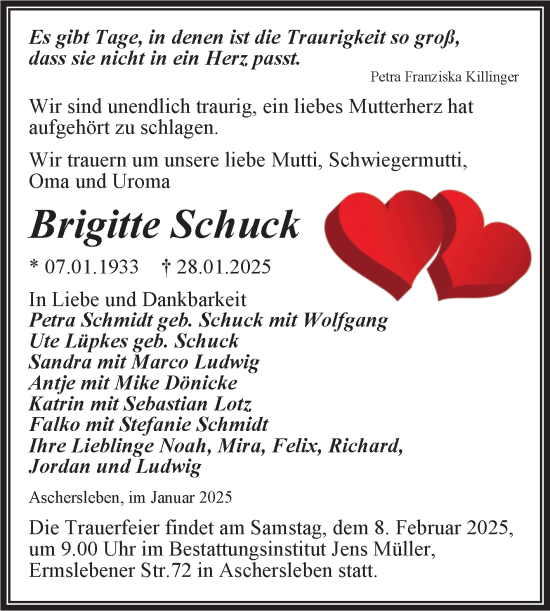 Traueranzeige von Brigitte Schuck von Mitteldeutsche Zeitung Aschersleben