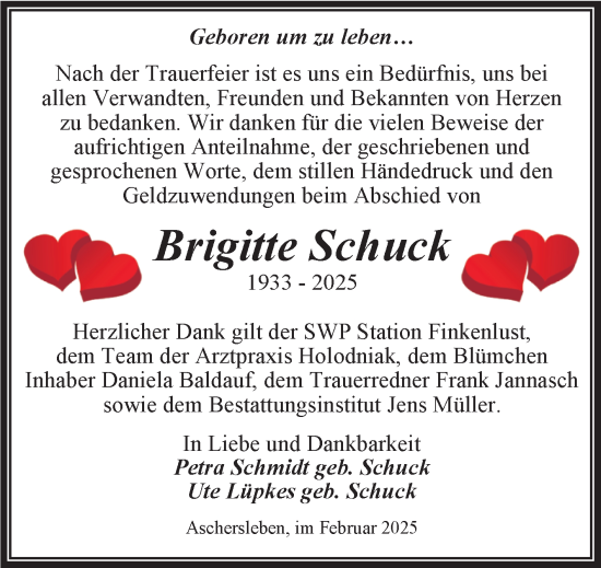 Traueranzeige von Brigitte Schuck von Trauerkombi Aschersleben