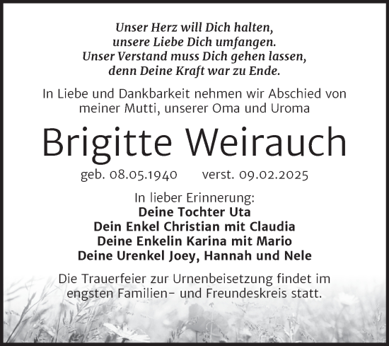 Traueranzeige von Brigitte Weirauch von Trauerkombi Zeitz