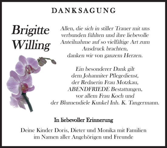 Traueranzeige von Brigitte Willing von Volksstimme Haldensleben/Wolmirstedt