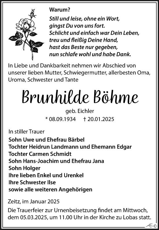 Traueranzeige von Brunhilde Böhme von Trauerkombi Zeitz