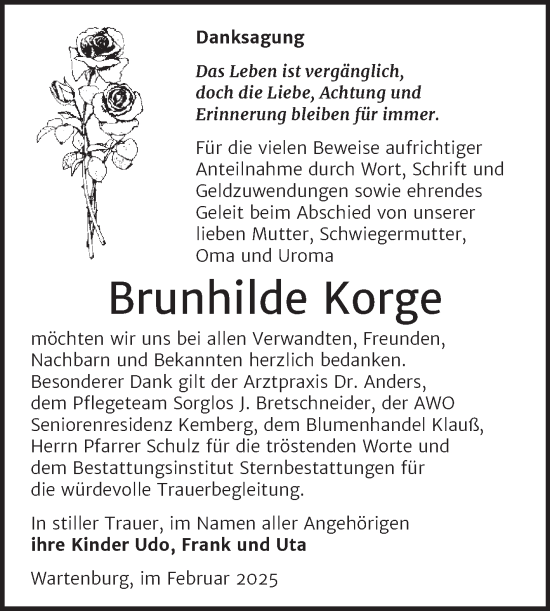 Traueranzeige von Brunhilde Korge von Trauerkombi Wittenberg