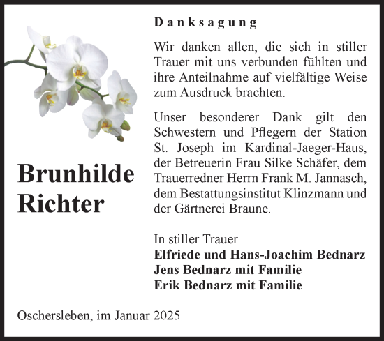 Traueranzeige von Brunhilde Richter von Volksstimme Oschersleben/Wanzleben
