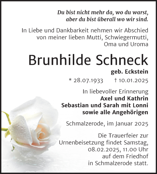 Traueranzeige von Brunhilde Schneck von Trauerkombi Mansfelder Land