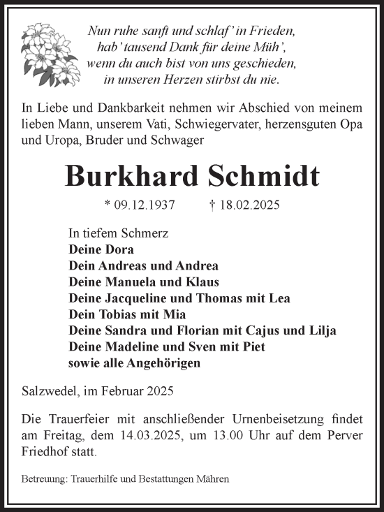 Traueranzeige von Burkhard Schmidt von Volksstimme Altmark West
