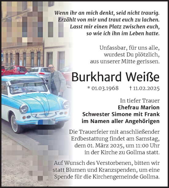 Traueranzeige von Burkhard Weiße von Mitteldeutsche Zeitung Halle/Saalkreis